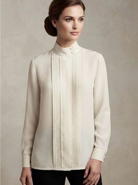High-Neck Cream Lace-Trim Blouse